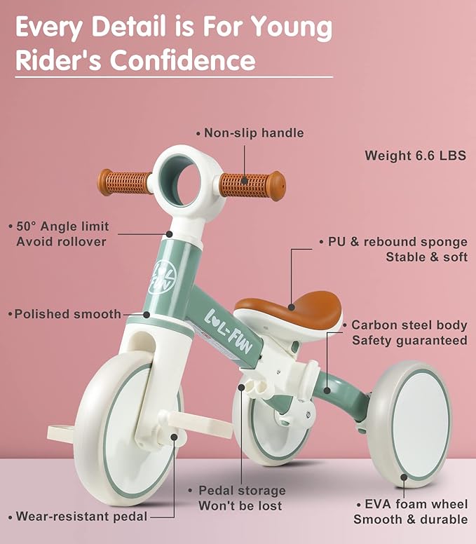 LOL-FUN Tricycle for Toddlers 1-3 Years Old Boys Girls Toy, 4 in 1 Baby Balance Bike for 1 2 Year Old Gift, Kids Bicycle with Easy Assembly Removable Pedal