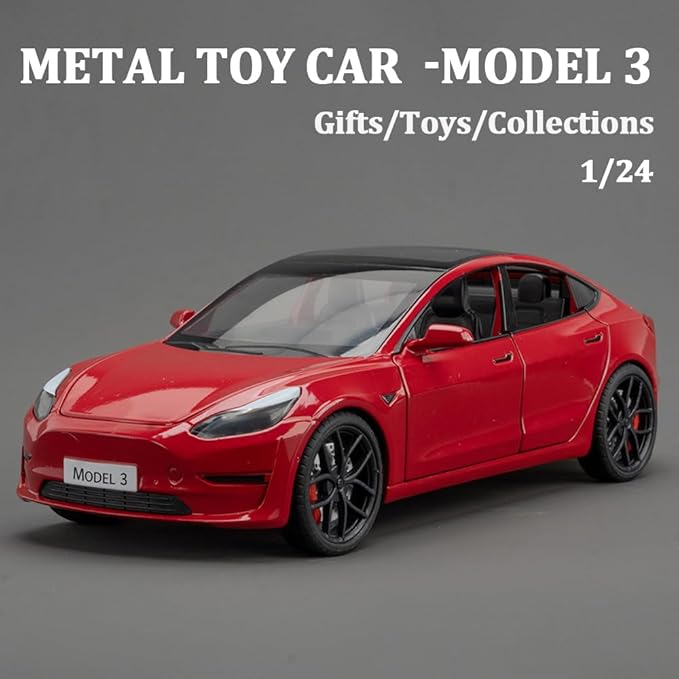 1/24 Scale Diecast Car Model 3, Alloy Diecast Toy Cars Pull Back Toys with Sound & Light, Vehicles Toys for Kids Gift Car Lovers Collection (1/24 Model 3 -Red)