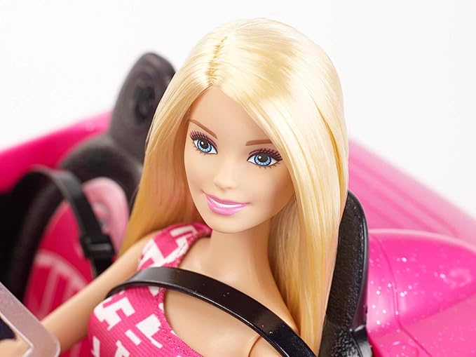 Barbie Doll & Car Playset, Sparkly Pink 2-Seater Toy Convertible with Glam Details & Fashion Doll in Sundress & Sunglasses (Amazon Exclusive)