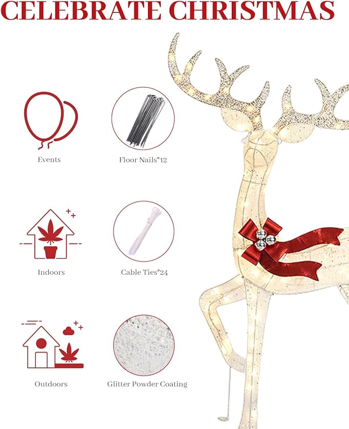 3-Piece 3D Christmas Deer Family Set, Lighted Christmas Decoration with 225 LED Lights, Christmas Decor Reindeer for Indoor Outdoor Yard Porch, White