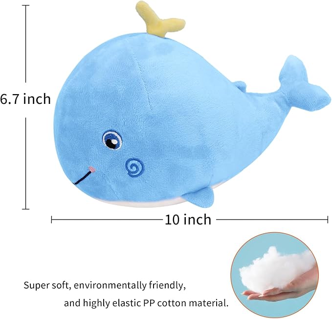 MUPI Squirting Whale Stuffed Animals Plush Pillow Cute Soft Cotton Plushies Pillows Kawaii Whale Toy Decor Gifts for Kids Boys Girls Adults (Blue, 10 Inch