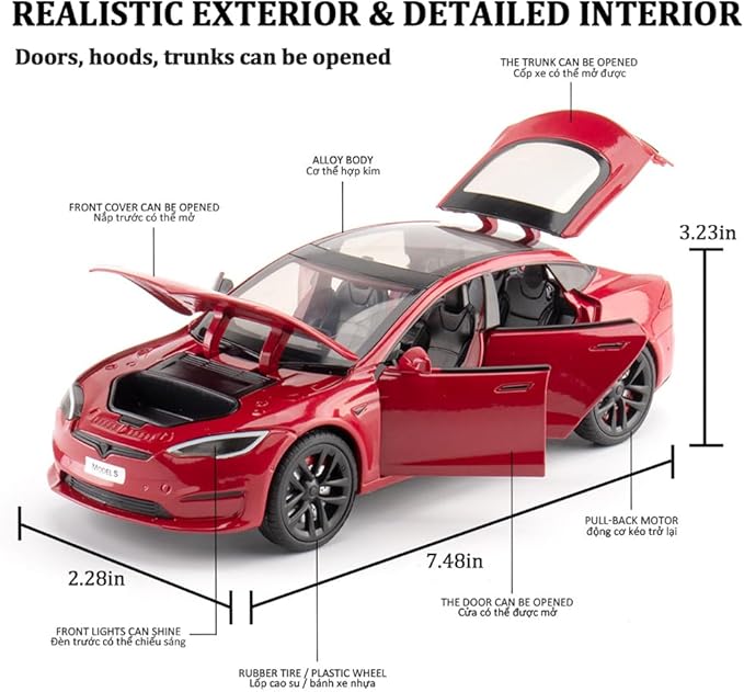 1/24 Scale Diecast Car Model S, Alloy Diecast Toy Cars Pull Back Toys with Sound & Light, Vehicles Toys for Kids Gift Car Lovers Collection (1/24 Model S -White)