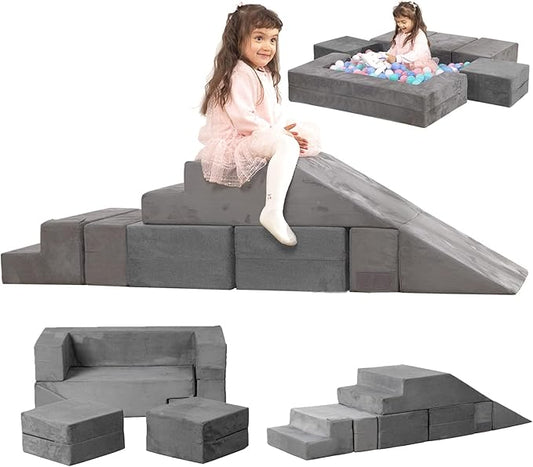 Kids Play Couch Foam Climbing Blocks for Toddlers Sofa Convertible Climbing Toy for Creative Child Girls and Boys Climber Playroom Furniture (Grey)