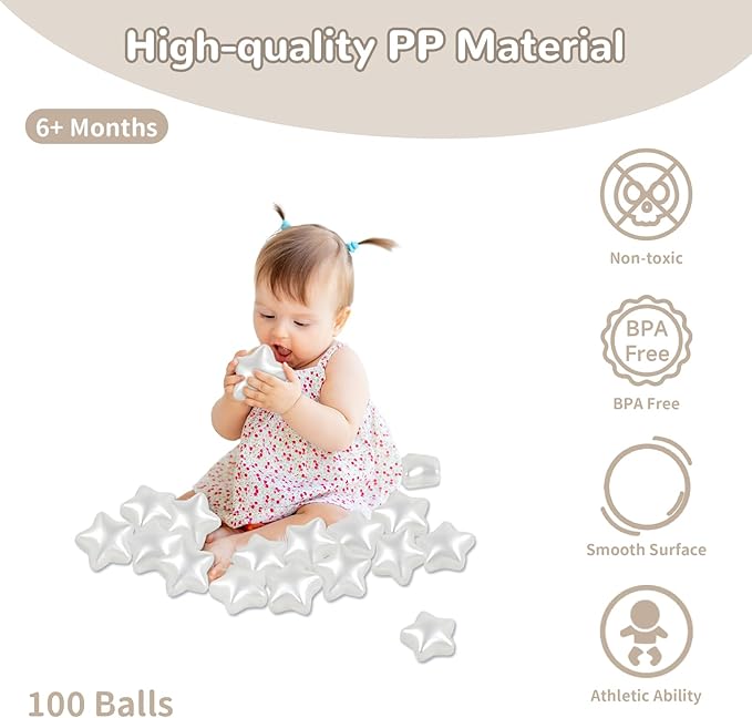 Star Ball Pit Balls 100 Phthalate Free BPA Free Crush Proof 2.16 Inches Star Shape for Plastic Balls for Ball Pit Ideal Gift for Toddlers Babies Kids Pool Water Toys Play Tent, Pearl White
