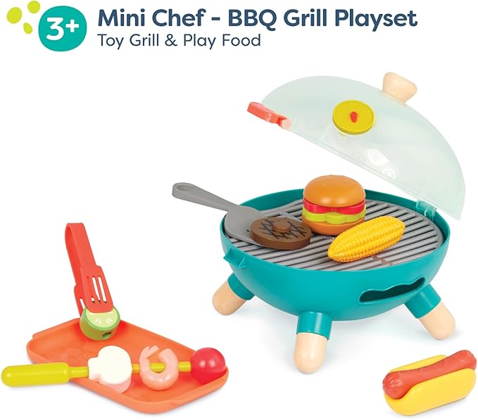 B. toys- Mini Chef - BBQ Grill Playset- Pretend Play BBQ Grill Play Set – Toy Grill & Play Food – Barbecue Role-Play Set for Kids- 3 Years + (16 Pcs)