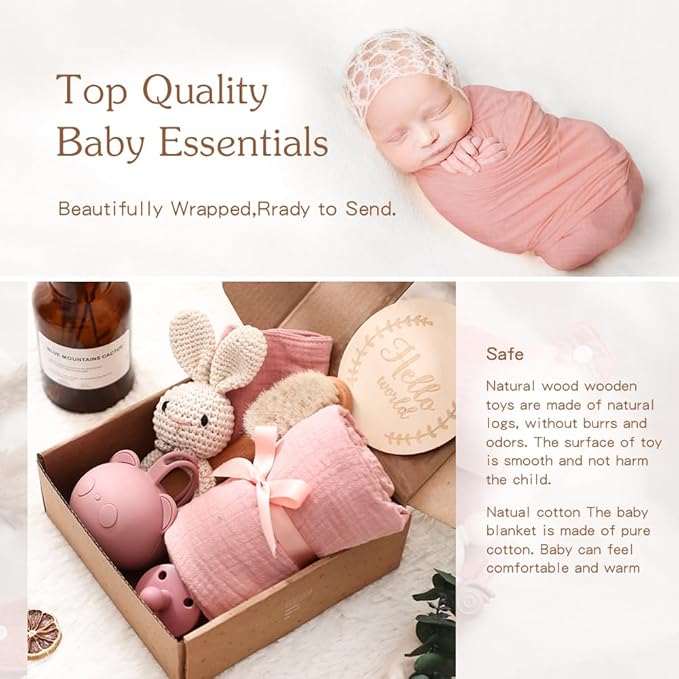 Baby Gift Set for Newborn, New Baby Bath Gift Set, 7 Pcs Baby Essentials Shower Set with Bath Towel, Teether, Rattle Toy, Pacifier Bag, Drool Towel, Brush, Wooden Milestone for Boy & Girls (Pink)
