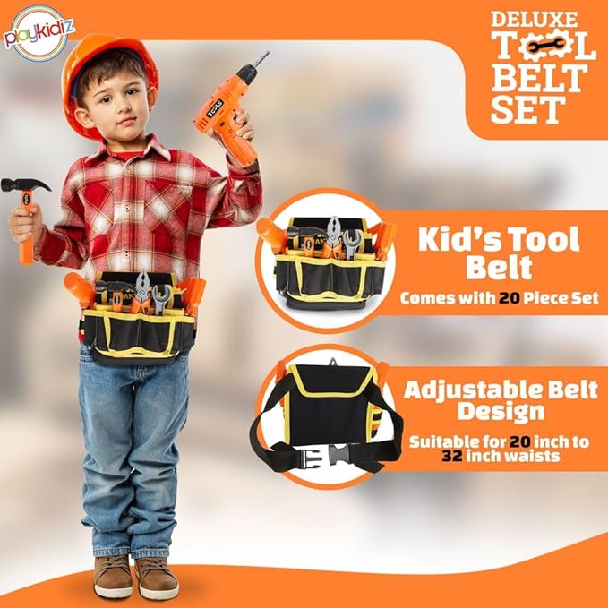 20Pcs Kids Tool Set - Kids Tool Belt with Electronic Drill Toy, Pretend Construction Durable Toddler Tool Set for Boys and Girls Ages 3 to 8 Years Old, Adjustable Toddler Tool Belt