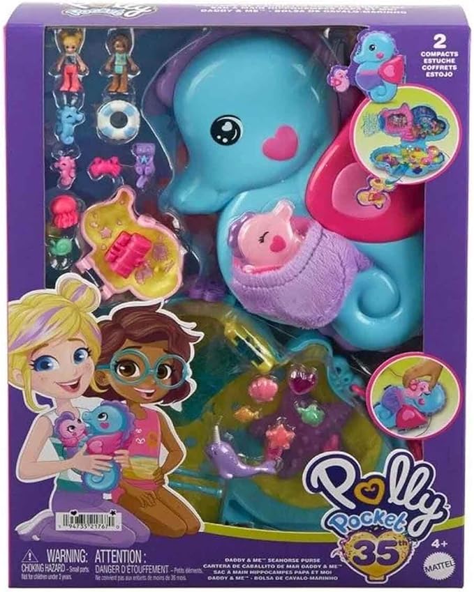 Polly Pocket - Seahorse Bag 2-in-1 Playset Polly and Shani Dolls Animals & 13 Accessories Included Make a Wear Bag Toy for Kids 4+ Years HWP03