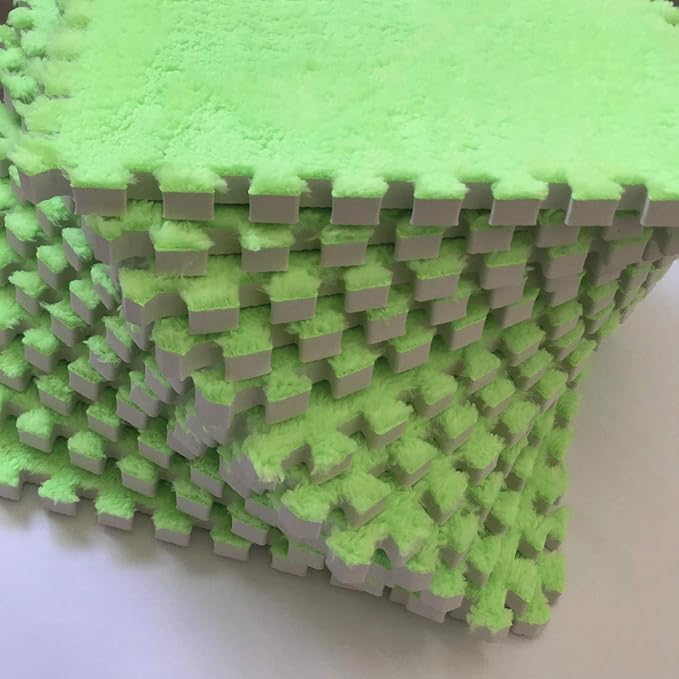 Interlocking Carpet Shaggy Soft EVA Foam Mats Fluffy Area Rugs Protective Floor Tiles Exercise Play Mat for Children Kids Room Home Parlor Bedroom (12 pcs, Green)