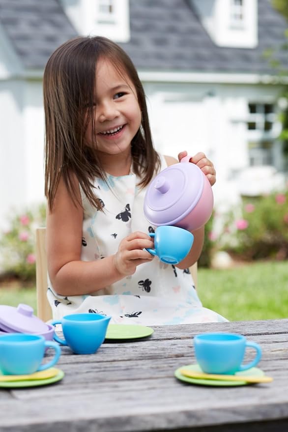 Green Toys Tea Set, Pink 4C - 17 Piece Pretend Play, Motor Skills, Language & Communication Kids Role Play Toy. No BPA, phthalates, PVC. Dishwasher Safe, Recycled Plastic, Made in USA.