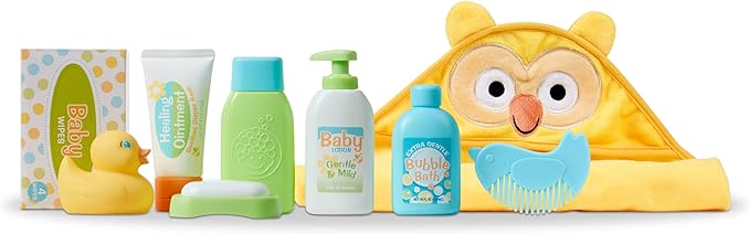 Melissa & Doug Mine to Love Changing & Bathtime Play Set for Dolls – Diapers, Pretend Shampoo,Wipes, Towel, More (19 pcs)