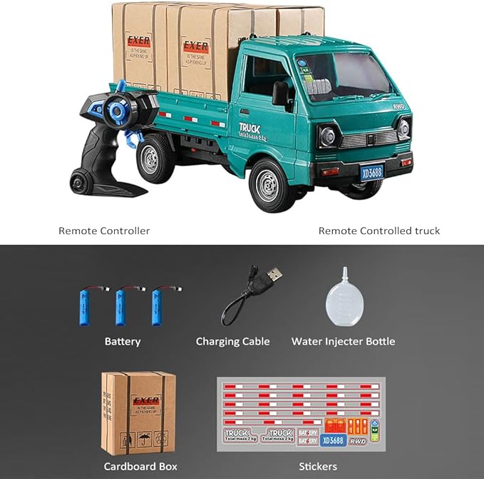 Remote Control Car RC Kei Truck,1:16 Scale RC Transporter Pickup Truck, 2.4GHz All Terrain RC Transport Cars with Spray & Light, 3 Batteries, Best Gifts Ideas for Kids Age 6 Year Old (Green)