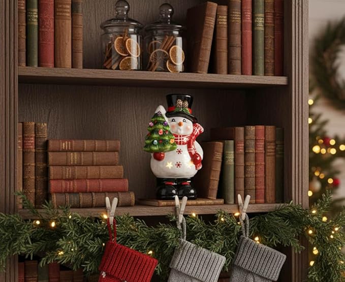 Napco 52831 LED Light-Up Snowman Holding Christmas Tree Multicolor 7.5 x 4.5 Inches Ceramic Winter Christmas Holiday Figurine