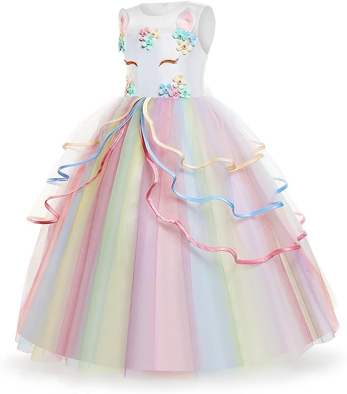 Unicorn Dress for Girls Unicorn Costume Pageant Princess Party Birthday Long Gown with Unicorn Headband & Necklace
