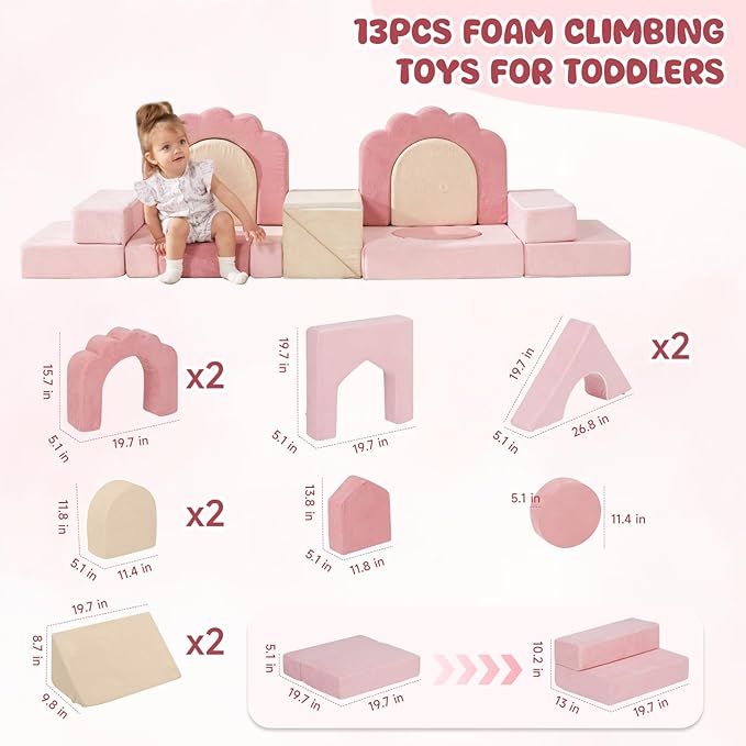 Foam Climbing Toys for Toddlers, 13pcs Climb and Crawl Activity Playset, Soft Play Climbing Blocks for Toddlers, Indoor Crawling Sliding Toys