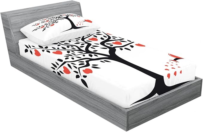 Ambesonne Valentines 2 Pack Fitted Sheet & Pillow Sham Set, Romantic Love Tree, 4 Pcs Bedding Decor, Package Contains 2 Twin Size Fitted Sheets & 2 Pillow Covers, Vermilion Black