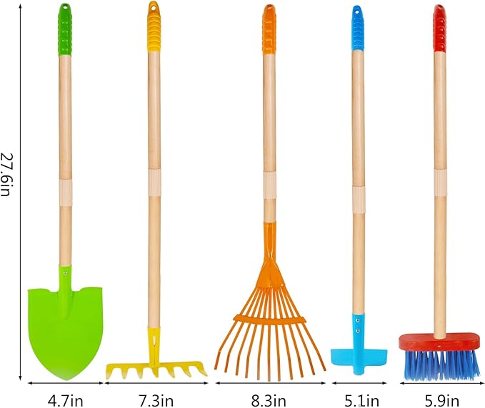 Kids Garden Tools, Outdoor Toys, Shovel for Digging Sand, Kid-Sized Rake, 5PCS 27.6 Inch Long Gardening Tools for Boys Girls Age 3 and up Gifts