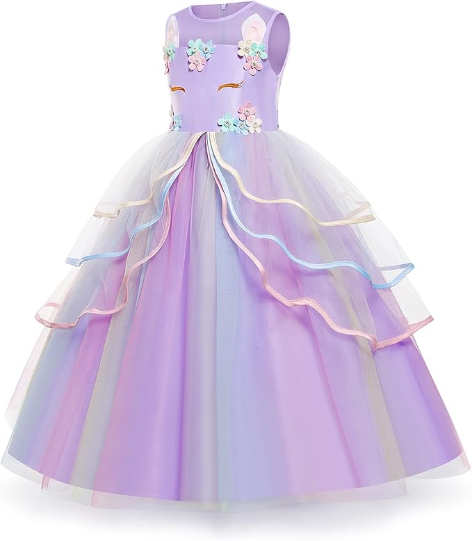 Unicorn Dress for Girls Unicorn Costume Pageant Princess Party Birthday Long Gown with Unicorn Headband & Necklace
