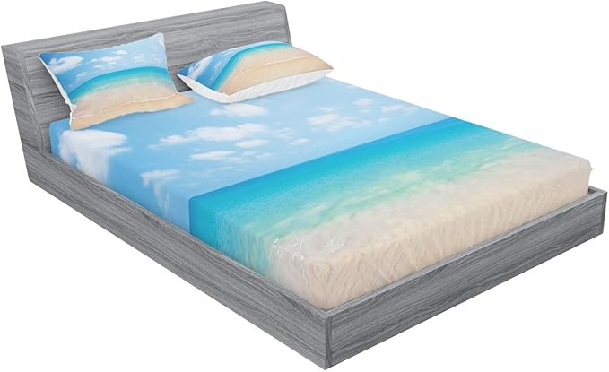 Ambesonne Ocean Fitted Sheet & Pillow Sham Set, Dreamy Hot Tropical Sea Coast with Soft Waves and Sunny Sky Landscape Nature Life, Decorative Printed 3 Piece Bedding Decor Set, Full, Beige Aqua