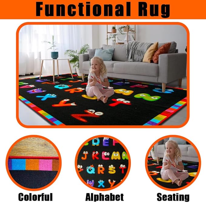 13x10ft ABC Classroom Rug,Extra Large Black Classroom Rugs Elementary, Preschool Rug for Classrooms, Daycare Rugs for Kindergarten, Alphabet Kid Educational Mat