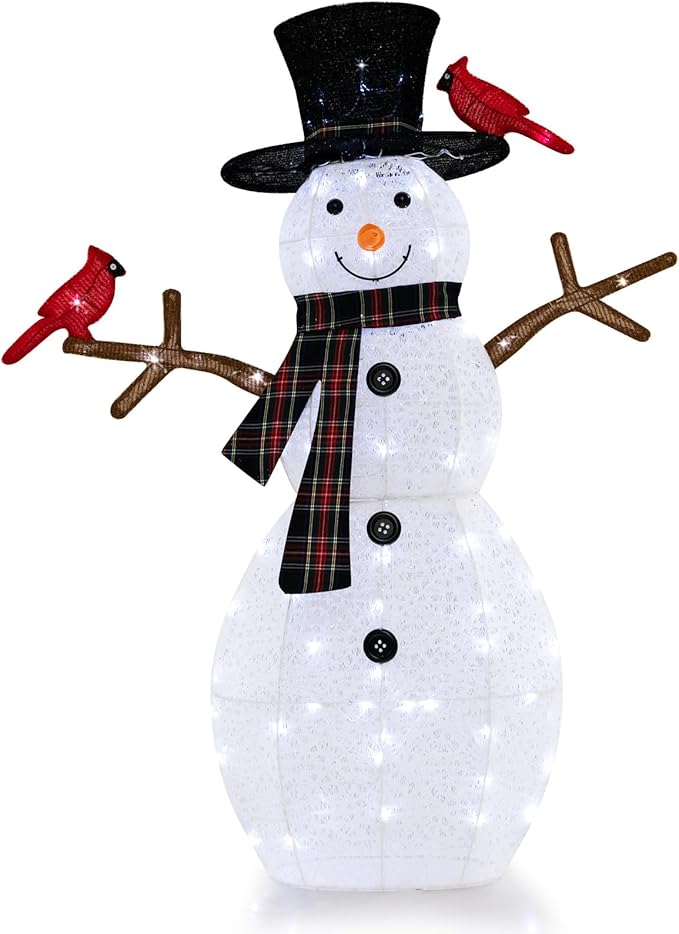 Tangkula 4.2 FT Lighted Christmas Snowman with Redbirds, Pre-Lit Snowman Ornament Christmas Decoration with Cold White LED Lights, Stakes, Outside Xmas Yard Decor, Xmas Indoor Outdoor Holiday Decor