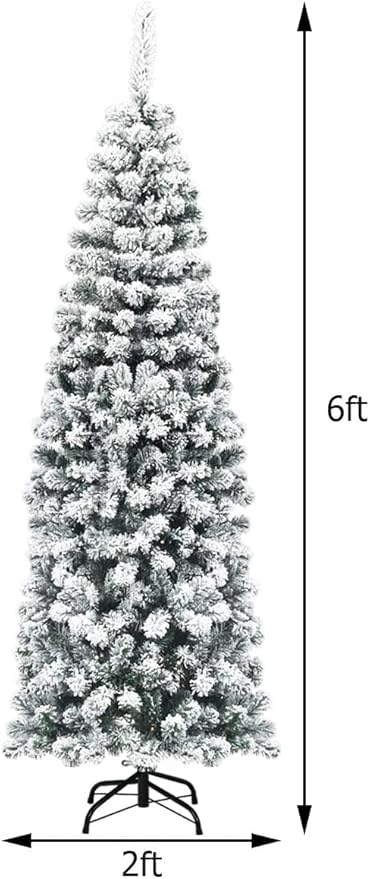 Happygrill 6FT Snow Flocked Pencil Christmas Tree Slim Artificial Xmas Tree Skinny Fake Tree for Indoor Outdoor Festival Decoration