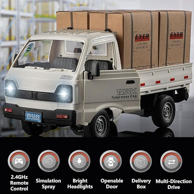 Remote Control Car RC Kei Truck,1:16 Scale RC Transporter Pickup Truck, 2.4GHz All Terrain RC Transport Cars with Spray & Light, 3 Batteries, Best Gifts Ideas for Kids Age 6 Year Old (White)