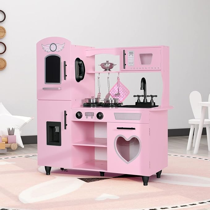 TaoHFE Kitchen Set for Kids Wooden Play Kitchen Toy Sets for Girls Gift Pink Kitchen for Toddlers Kitchen Playset Toys for Kids Age 3+ Pretend Play with Lights & Sounds (Pink)