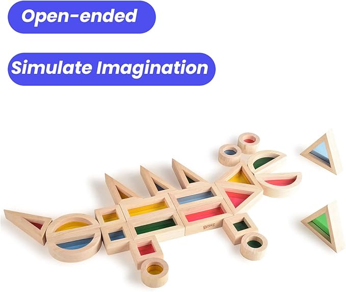 BOHS Rainbow Sensory Blocks (24 pcs) - Wooden Toys for Toddler Gift- Play on Light Table/Sunny Window