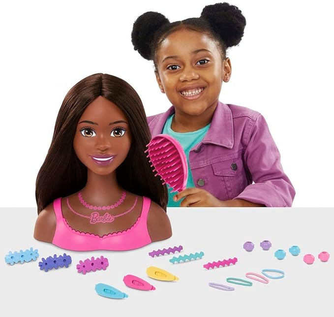 Barbie Doll Styling Head, Brown Hair with 20 Colorful Accessories, Doll Head for Hair Styling