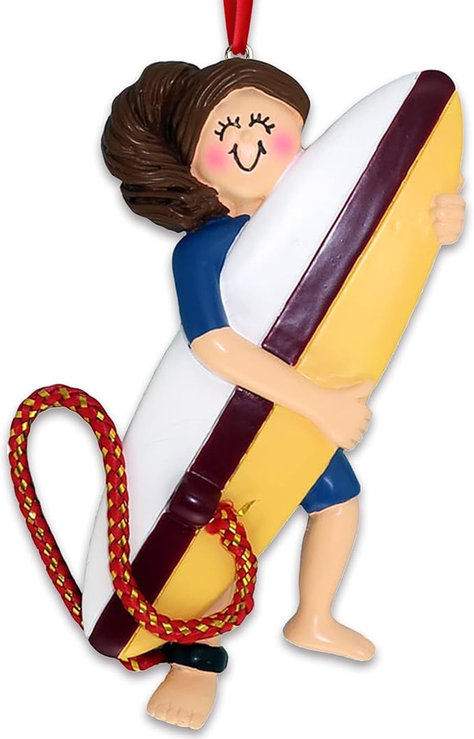 Personalized Surfboard Ornaments 2025 - Brunette Surfer Girl Beach Ornaments Surfer for Christmas Tree Surfing Ornament Gifts for Surfers Beachy Christmas by Elves
