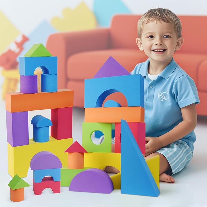 Large Building Foam Blocks for Toddlers, 30 Pieces EVA Stacking Foam Building Blocks Toy Set, Non-Toxic, Washable, Early Learning Construction Toys & Gifts for Kids Boys & Girls