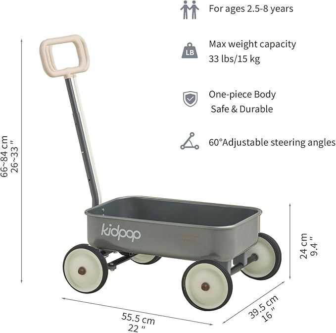 PULA-Wild 2-in-1 Kids' Pull-Along Wagon Toddlers Push Walker for 2.5-8 Adjustable Handlebar, Birthday Gifts Max Weight 33 lbs (Grey)