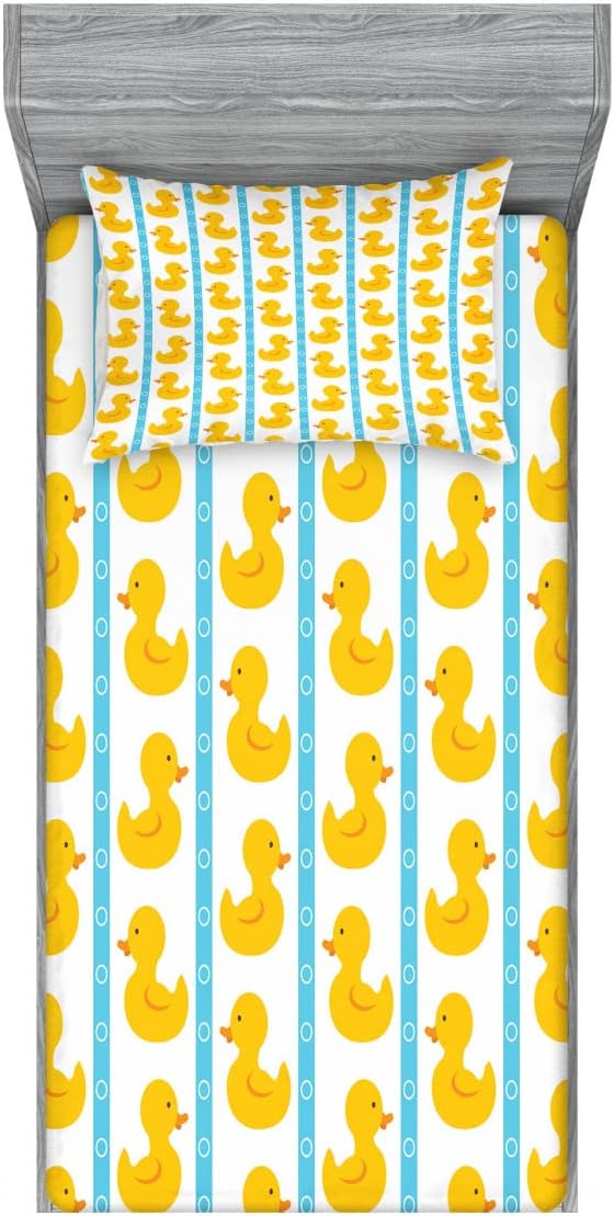Ambesonne Rubber Duck 2 Pack Fitted Sheet & Pillow Sham Set, Blue Stripes, 4 Pcs Bedding Decor, Package Contains 2 Twin Size Fitted Sheets & 2 Pillow Covers, Blue Yellow