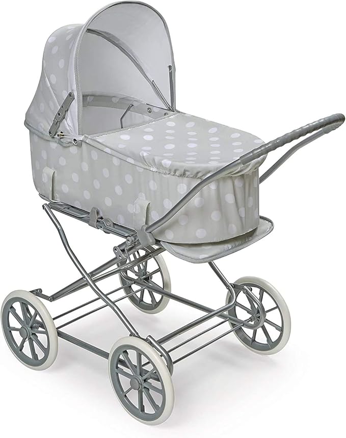 Badger Basket Just Like Mommy 3-in-1 Convertible Doll Pram, Carrier & Stroller - Gray/Polka Dots - Fits Dolls 18 to 22 Inches