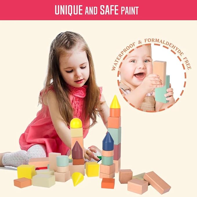 Migargle Large Wooden Building Blocks for Toddlers - Educational Preschool Learning Toys with Storage Bag, Innovative Shapes & Variety Colors to Build More Combinations (48Pcs)