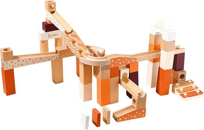 Wooden Marble Runway Blocks for Ages 3+, 60 Wooden Blocks Toys and Construction Playset, Natural Marble Track Maze Game STEM Learning Toys Boys Girls Gift (Set of 60)