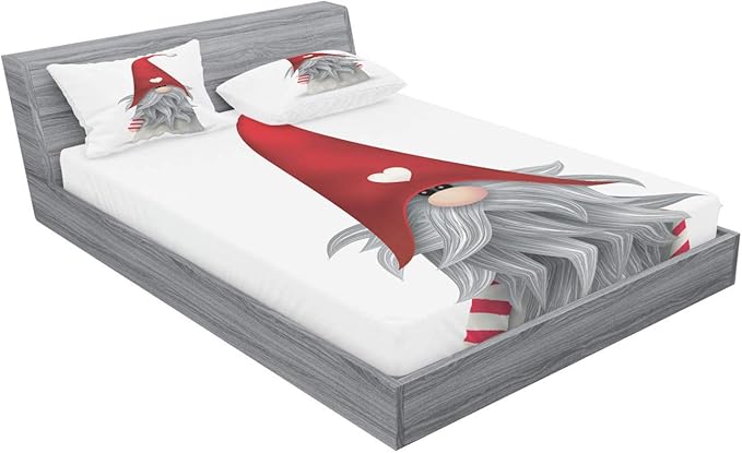 Ambesonne Gnome Fitted Sheet & Pillow Sham Set, Nordic Tonttu Myth Finnish Creature Nisser Scandinavian Folklore Print, Decorative Printed 3 Piece Bedding Decor Set, Full, Grey Ruby