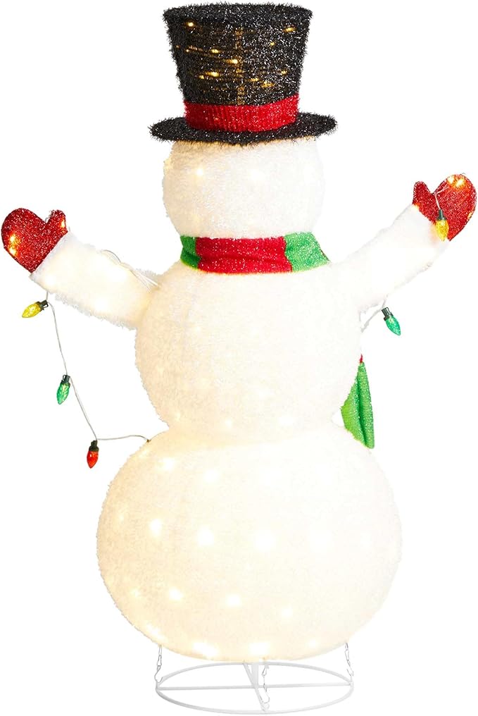Glitzhome 4FT Lighted Christmas Snowman, 3D Foldable Fabric Outdoor Snowman Decor with Colorful Bulbs Holiday Lawn Ornament Yard Decoration Outdoor and Indoor use Long-Lasting, 160 Warm White LED
