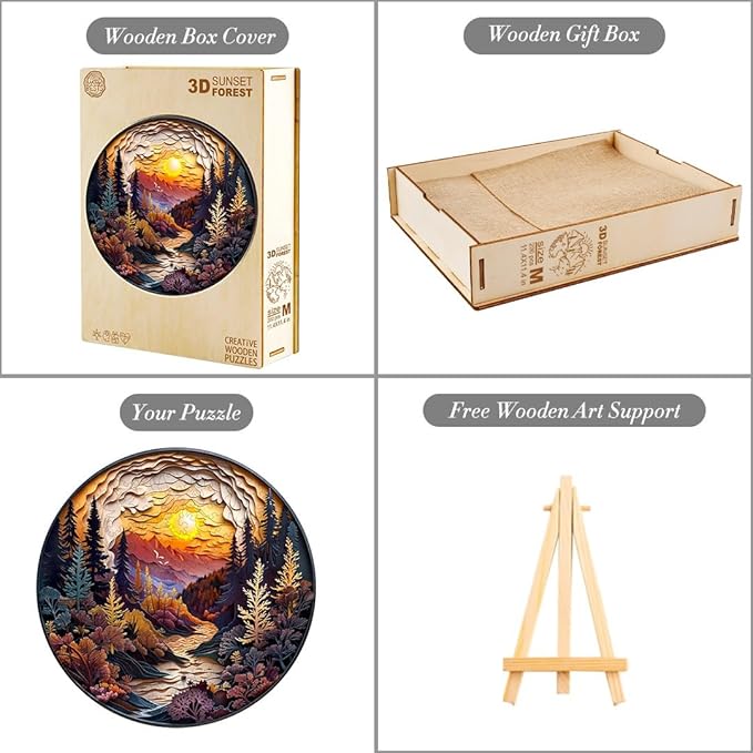 Wooden Puzzles for Adults, 3D Sunset Forest (M-200pcs) Wooden Jigsaw Puzzles Kids, 11.4 * 11.4in Unique Shaped Animal Wood Puzzles, 3D Vision Flat Puzzle Family Games
