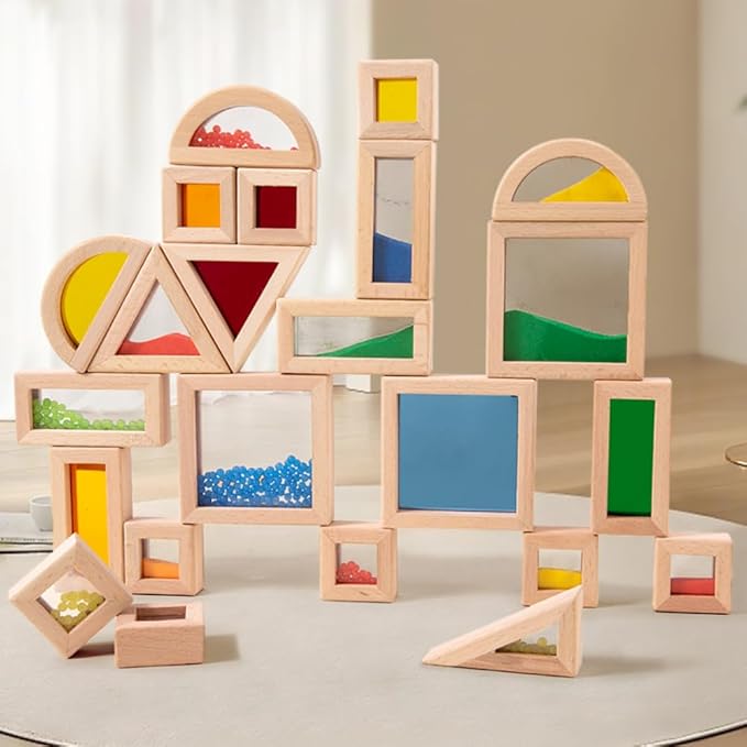 Rainbow Sensory Toys Blocks,15 Large Pcs Wooden Building Blocks for Toddlers Baby Kids,Colorful Geometric Stacking Toys, Preschool Educational Toy Set, Children's Day Gift