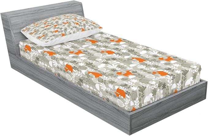 Ambesonne Fox Fitted Sheet & Pillow Sham Set, Fox in The Winter Forest Abstract Cartoon Trees and Nature Animal Pattern, Decorative Printed 4 Piece Bedding Decor Set, Twin, Pale Sage Green Orange