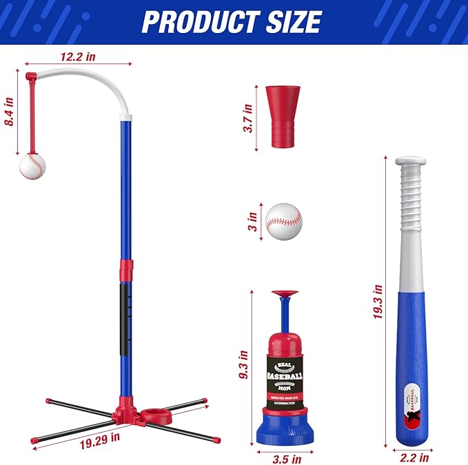 3-in-1 Baseball Set for Kids 3-5 - Tee Ball Stand, Hanging Tee, Ball Launcher and 6 Softballs - Adjustable Height, Indoor/Outdoor Sport Gifts for Boys, Blue