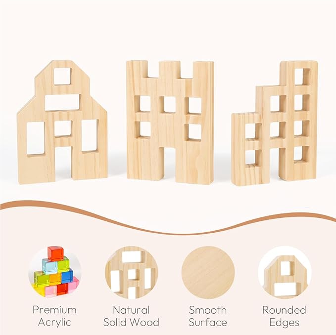 Wooden Building Blocks Set for Kids, 36 PCS Rainbow Acrylic Gem Cubes Blocks - 3 Wood House, Montessori Stacking Toy for Toddlers, Educational STEM Easter Toys for Boys Girls 3-6