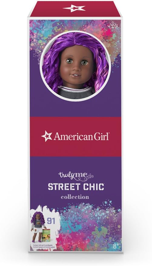 American Girl Truly Me 18-inch Doll #91 with Gray Eyes, Purple Hair, and Very Deep Skin in Graffiti Outfit, For Ages 6+