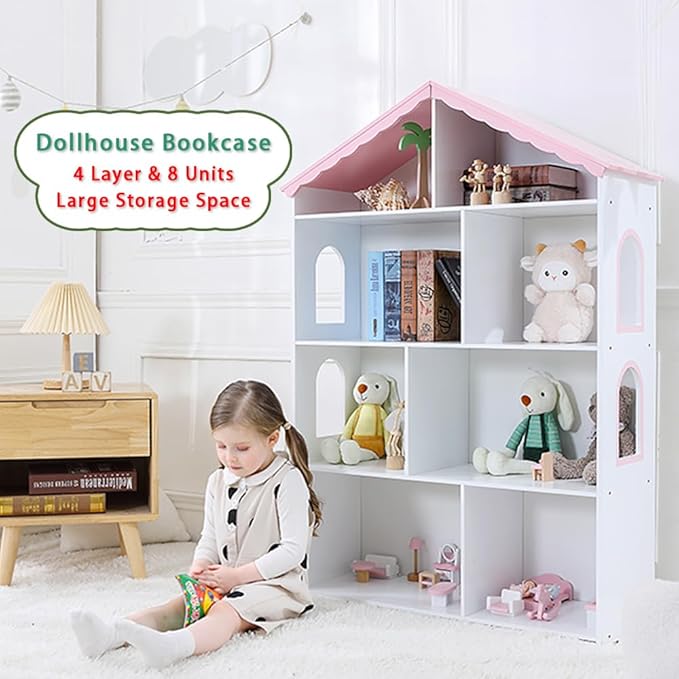 Wooden Dollhouse Bookshelf 4-Tier Children's Bookcase Display Storage Doll House Organizer Furniture for Kids Bedroom Playroom Nursery Kindergarten Gift for Boys Girls Ages 3-8 Years Old