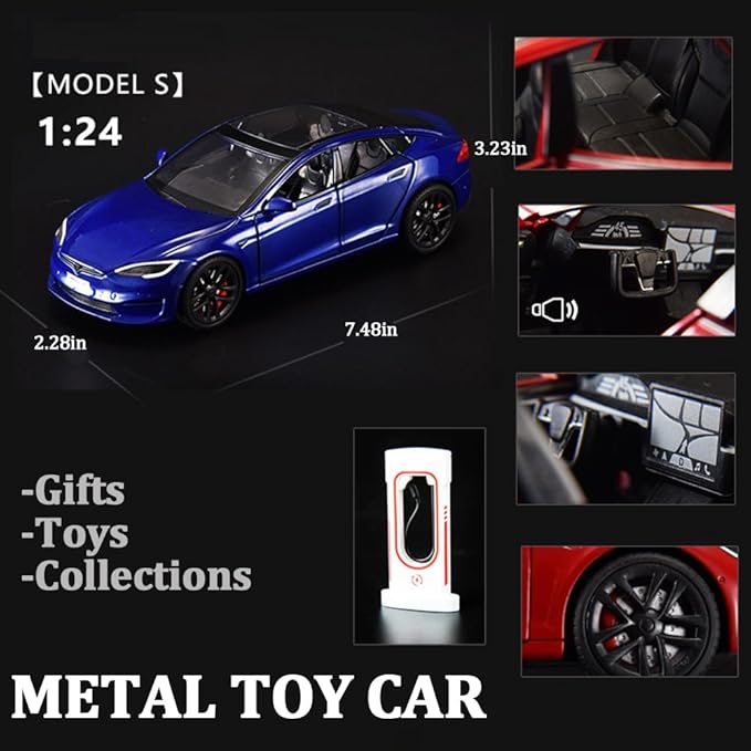1/24 Scale Diecast Car Model S, Alloy Diecast Toy Cars Pull Back Toys with Sound & Light, Vehicles Toys for Kids Gift Car Lovers Collection (1/24 Model S -Blue)