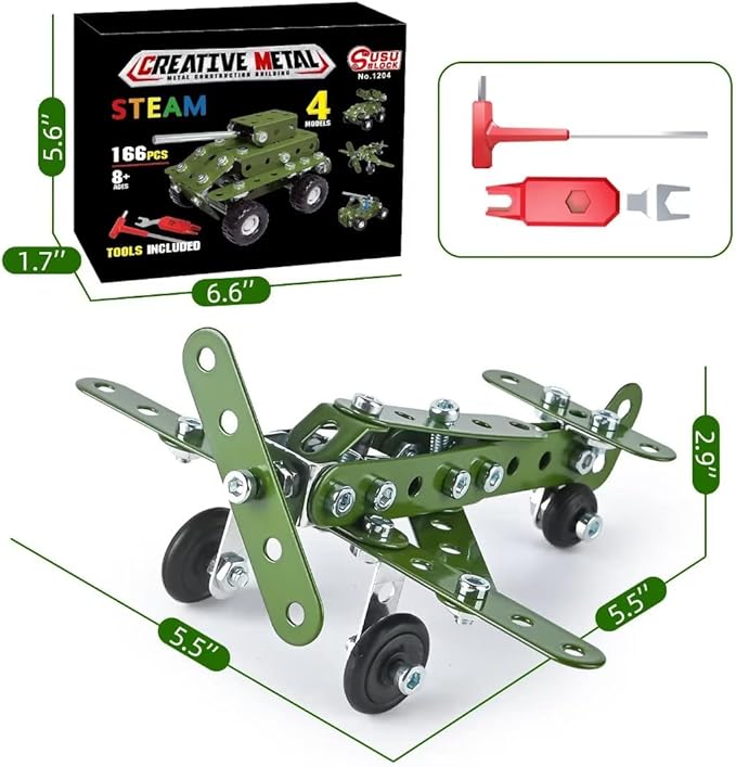 Metal Building Military Series Assembly Toys,Small Erector Set for Kids Ages 4-8, Military Toys for Boys Age 8-12,STEM Toy Gifts for Model Military Kit(166pcs No Motor)
