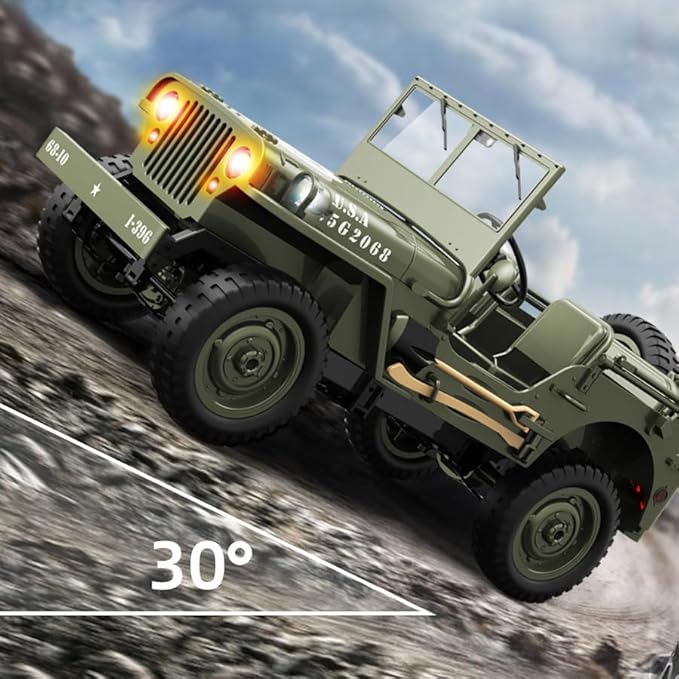 1/10 Willys MB RC Car, 2.4Ghz Military Truck 4WD RC Crawler with Turn Signal Light, Front Winch, Tarpaulin, Hobby RC Truck Off-Road Military Car, Metal Shaft, 4x4 Off Road Vehicle RTR, 2 Batteries