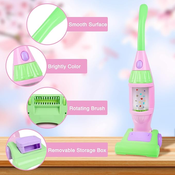 Kids Pink Vacuum Cleaner with Light & Realistic Sounds - Pretend Role Play Household Cleaning Set, Kids Cleaning Toys for Toddler Children (Pink Color)